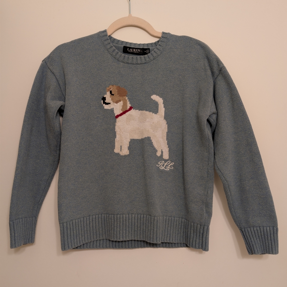 Ralph Lauren Slate Blue Crewneck Sweater with Dog Intarsia